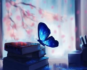 Preview wallpaper butterfly, books, art, glare, magic