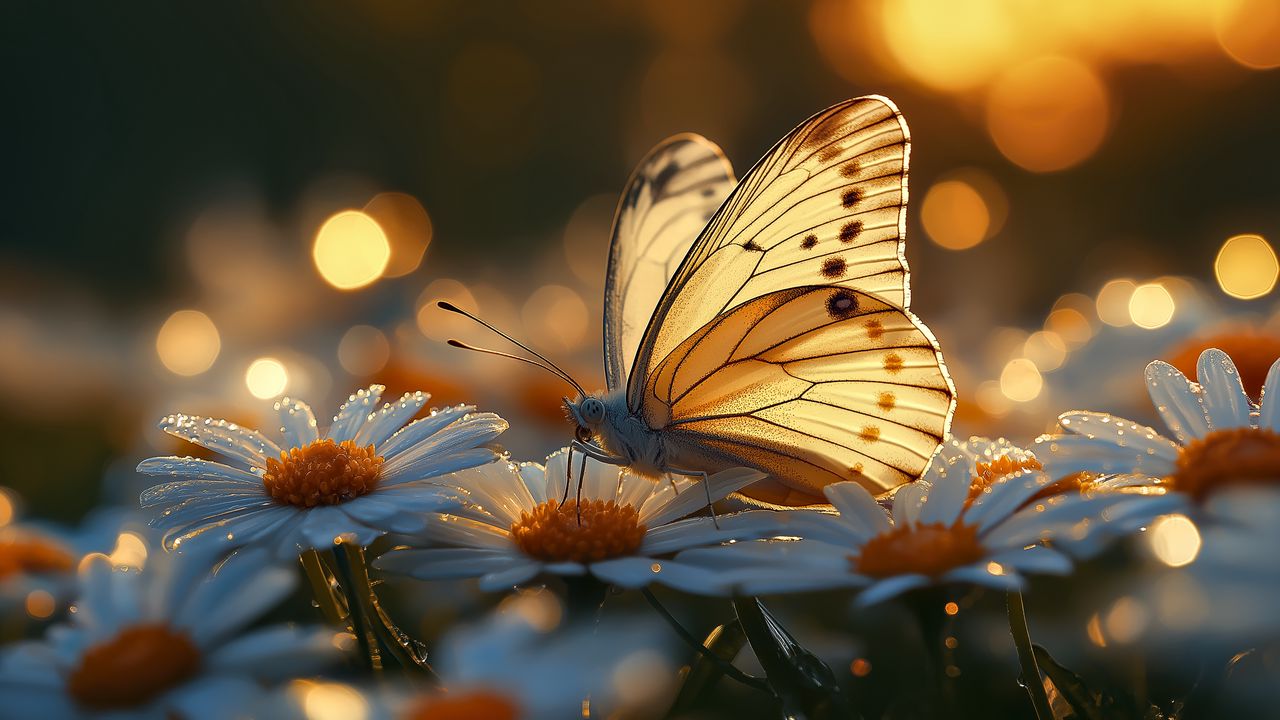 Wallpaper butterfly, macro, daisies, light, art