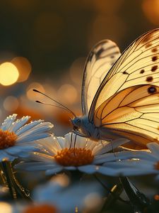 Preview wallpaper butterfly, macro, daisies, light, art