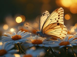 Preview wallpaper butterfly, macro, daisies, light, art