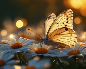 Preview wallpaper butterfly, macro, daisies, light, art