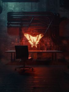Preview wallpaper butterfly, table, chair, dark, art