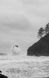 Preview wallpaper bw, rocks, waves, spray