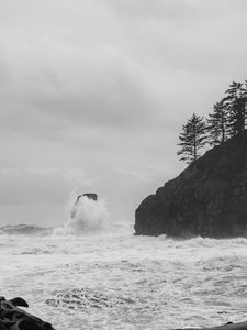 Preview wallpaper bw, rocks, waves, spray