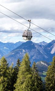 Preview wallpaper cabin, cable car, spruce, mountains, sky