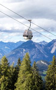 Preview wallpaper cabin, cable car, spruce, mountains, sky