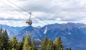 Preview wallpaper cabin, cable car, spruce, mountains, sky