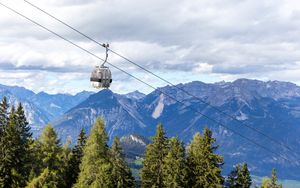 Preview wallpaper cabin, cable car, spruce, mountains, sky