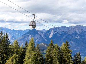 Preview wallpaper cabin, cable car, spruce, mountains, sky