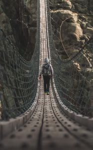 Preview wallpaper cable bridge, bridge, man, rocks