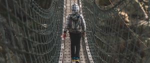 Preview wallpaper cable bridge, bridge, man, rocks