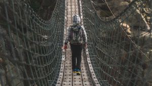 Preview wallpaper cable bridge, bridge, man, rocks