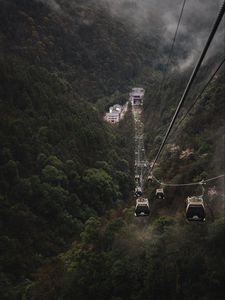 Preview wallpaper cable car, cabins, forest, trees, fog, nature