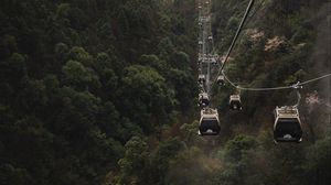 Preview wallpaper cable car, cabins, forest, trees, fog, nature
