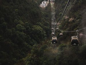 Preview wallpaper cable car, cabins, forest, trees, fog, nature