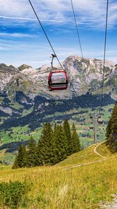 Preview wallpaper cable car, mountains, trees, landscape