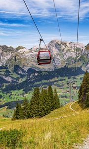 Preview wallpaper cable car, mountains, trees, landscape