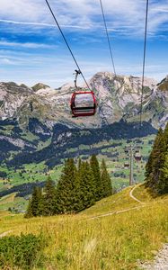 Preview wallpaper cable car, mountains, trees, landscape