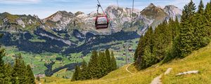 Preview wallpaper cable car, mountains, trees, landscape