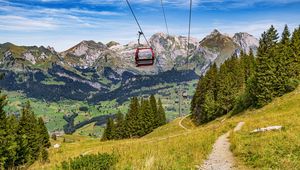 Preview wallpaper cable car, mountains, trees, landscape