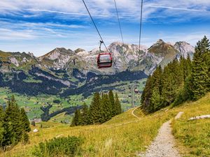 Preview wallpaper cable car, mountains, trees, landscape