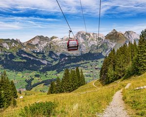 Preview wallpaper cable car, mountains, trees, landscape