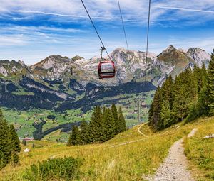 Preview wallpaper cable car, mountains, trees, landscape