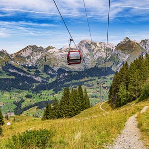 Preview wallpaper cable car, mountains, trees, landscape