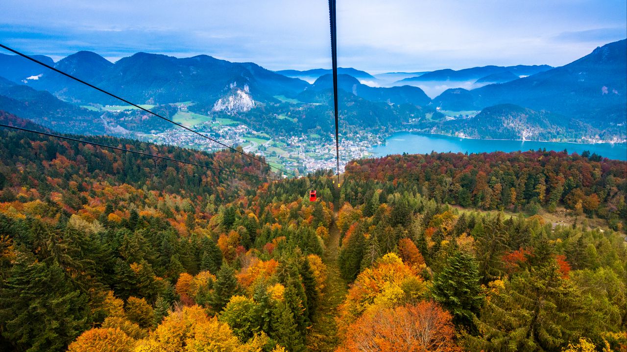 Wallpaper cable car, view from above, trees, mountains, autumn