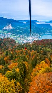 Preview wallpaper cable car, view from above, trees, mountains, autumn