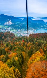 Preview wallpaper cable car, view from above, trees, mountains, autumn