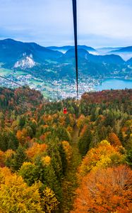 Preview wallpaper cable car, view from above, trees, mountains, autumn