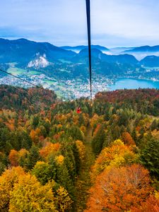 Preview wallpaper cable car, view from above, trees, mountains, autumn