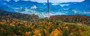 Preview wallpaper cable car, view from above, trees, mountains, autumn