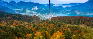 Preview wallpaper cable car, view from above, trees, mountains, autumn