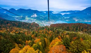 Preview wallpaper cable car, view from above, trees, mountains, autumn