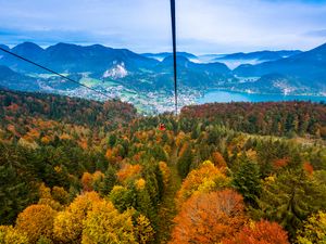 Preview wallpaper cable car, view from above, trees, mountains, autumn