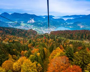 Preview wallpaper cable car, view from above, trees, mountains, autumn