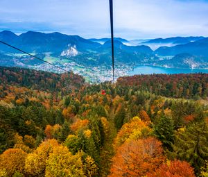 Preview wallpaper cable car, view from above, trees, mountains, autumn