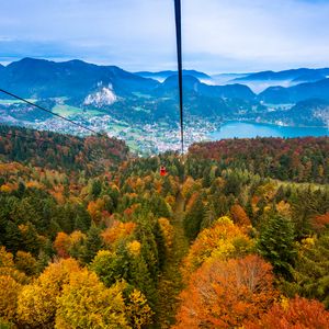 Preview wallpaper cable car, view from above, trees, mountains, autumn