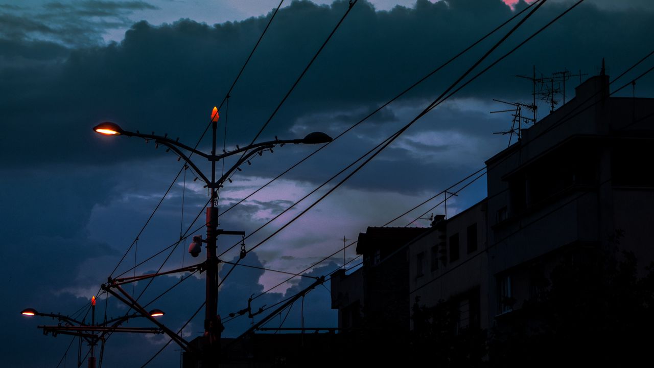 Wallpaper cable, poles, lights, city, twilight, dark