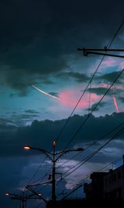 Preview wallpaper cable, poles, lights, city, twilight, dark
