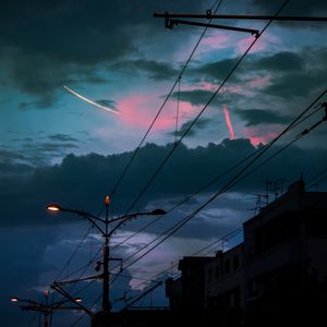 Preview wallpaper cable, poles, lights, city, twilight, dark