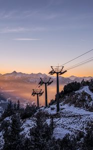 Preview wallpaper cableway, pillars, mountains, trees, sunrise, landscape