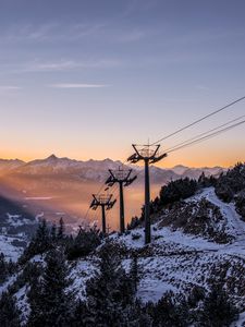 Preview wallpaper cableway, pillars, mountains, trees, sunrise, landscape