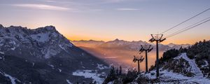 Preview wallpaper cableway, pillars, mountains, trees, sunrise, landscape