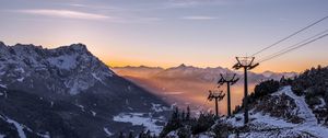 Preview wallpaper cableway, pillars, mountains, trees, sunrise, landscape