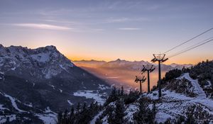 Preview wallpaper cableway, pillars, mountains, trees, sunrise, landscape