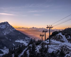 Preview wallpaper cableway, pillars, mountains, trees, sunrise, landscape