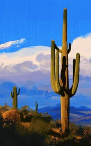 Preview wallpaper cacti, prairies, birds, canvas, art